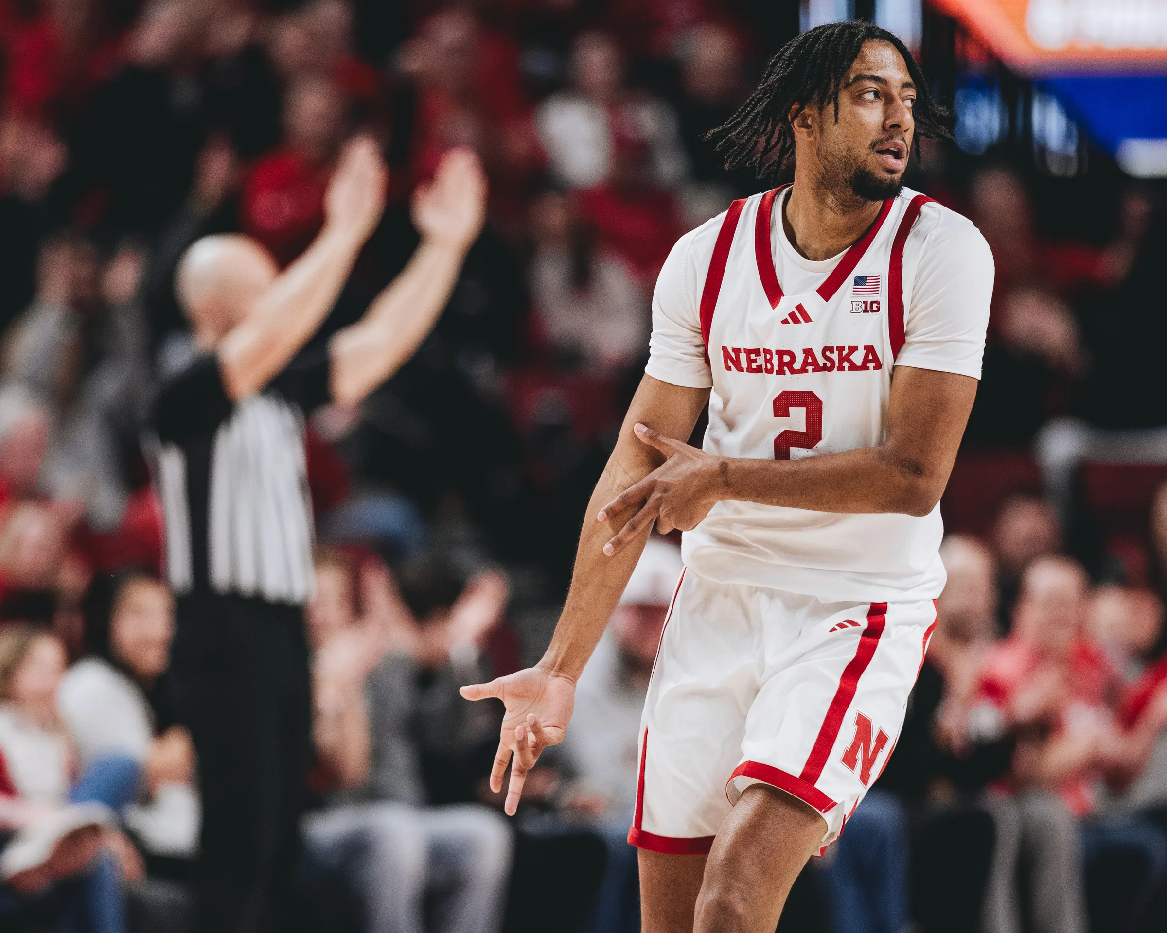 Nebraska Cornhuskers senior guard Kendall Blue (2) reacts after hitting a three-pointer during a Big Ten men's basketball game against the Penn State Nittany Lions at Pinnacle Bank Arena in Lincoln, Nebraska.